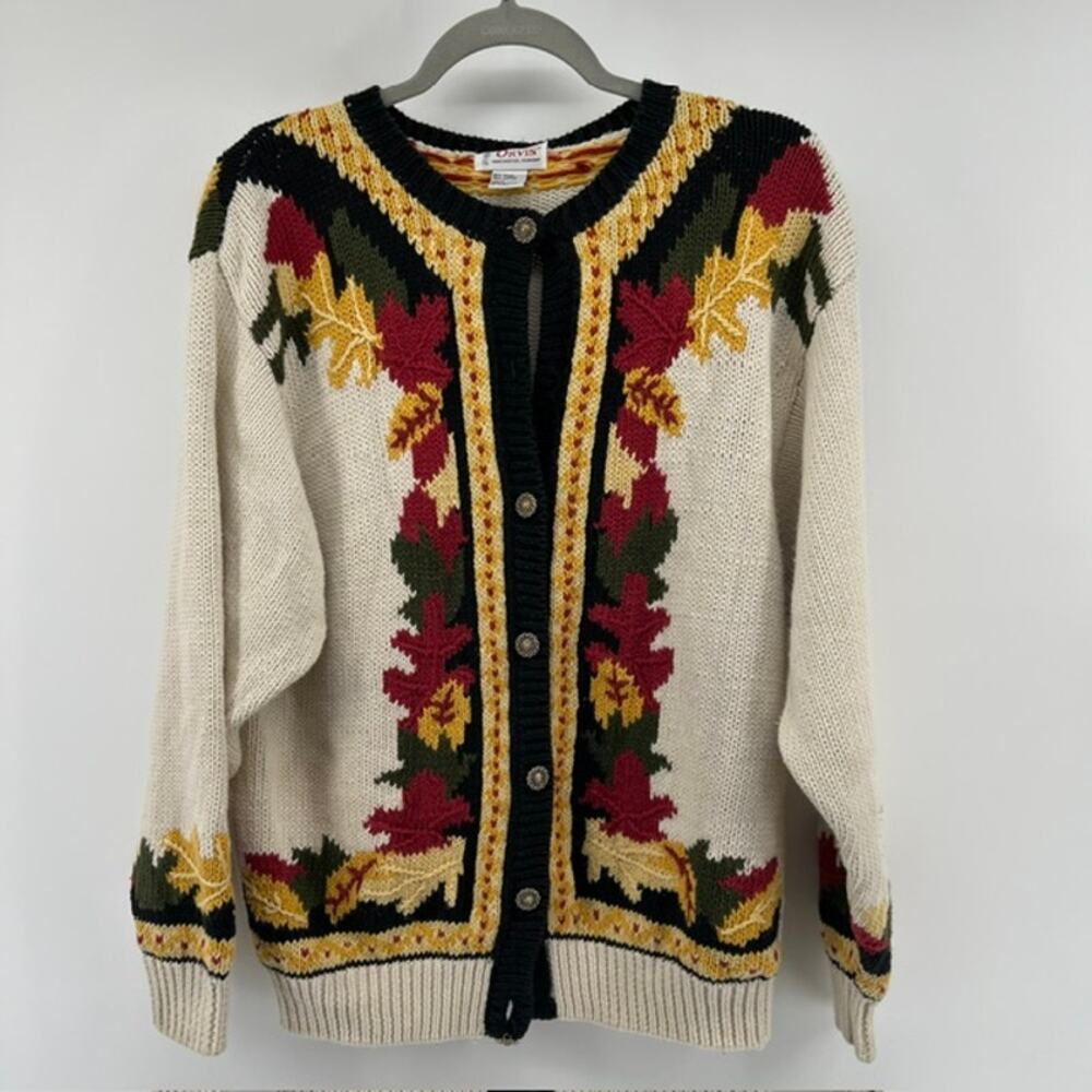 VTG 90s Orvis Fall Leaves Embroidered Cardigan Sweater Womens L USA Cottage READ